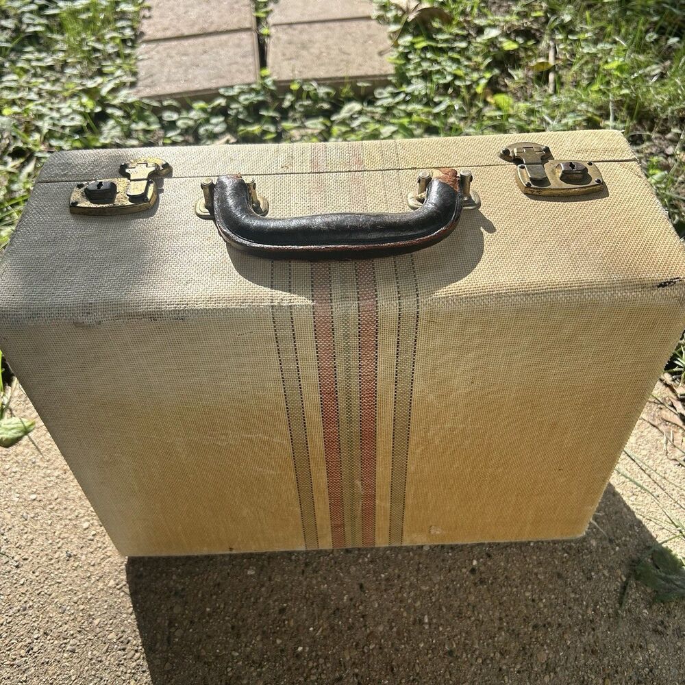 Vintage 1940-50s Beige Canvas Hard Suitcase Striped Tweed Leather Handle 14x11x6